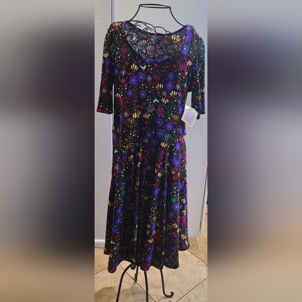 LuLaRoe Black Midi Dress with Purple, Green & Gold Floral Print